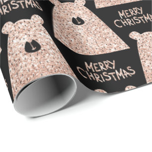 Merry Christmas Bear Black Pink Rose Gold Glitter Wrapping Paper