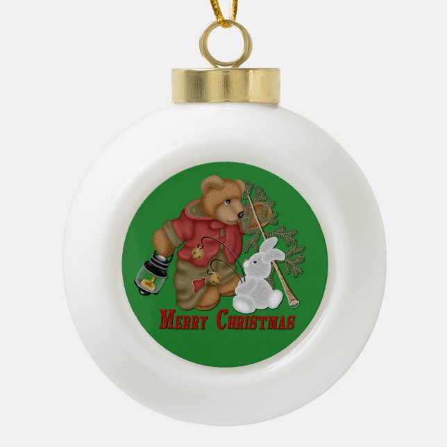 Merry Christmas Bear & Bunny Ball Ornament (Front)