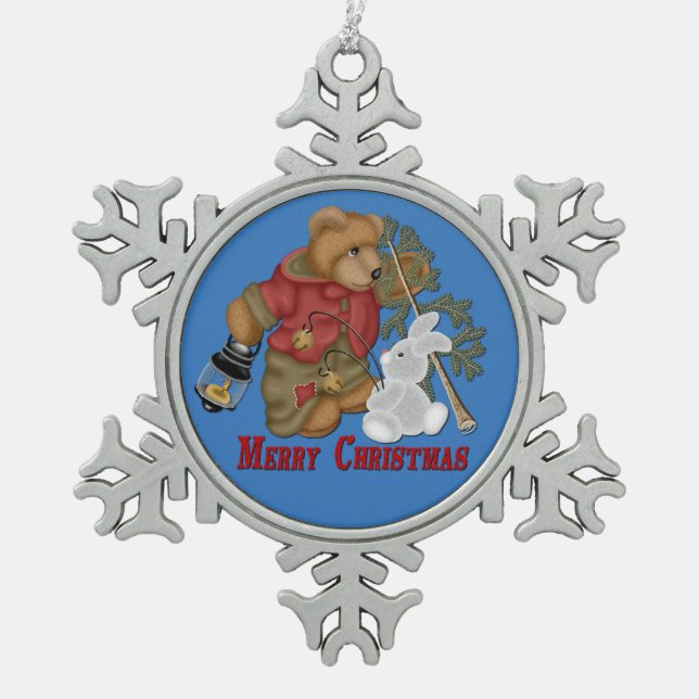 Merry Christmas Bear & Bunny Snowflake Ornament (Front)