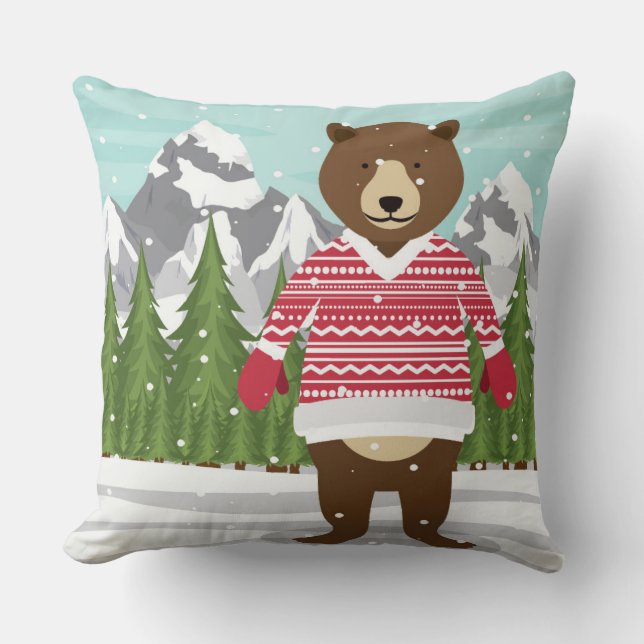 Merry Christmas Bear In A Sweater Cushion (Front)