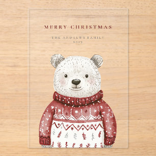 Merry Christmas Bear in a Sweater Holiday Acrylic Invitations