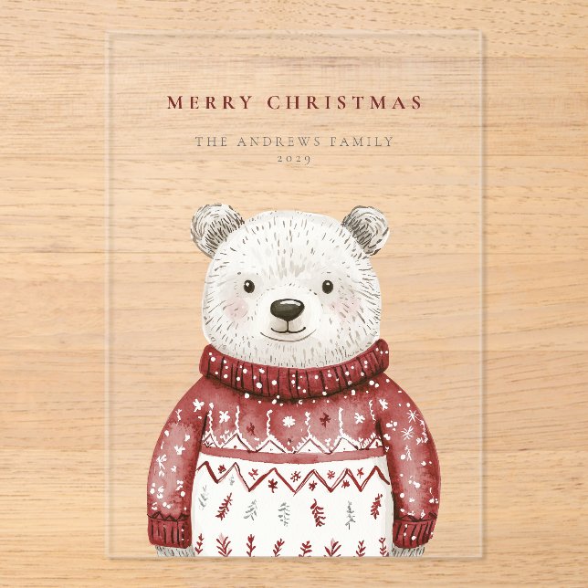Merry Christmas Bear in a Sweater Holiday Acrylic Invitations (Front)