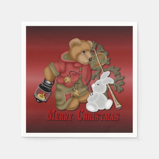 Merry Christmas Bear Red Holiday Napkins (Front)