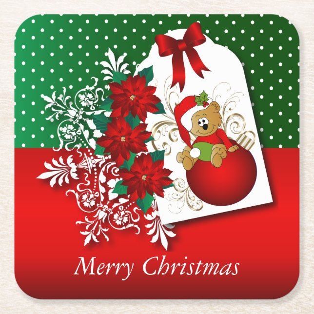 Merry Christmas Bear Square Paper Coaster (Front)