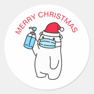 MERRY CHRISTMAS BEAR WITH MASK ROUND STICKERS
