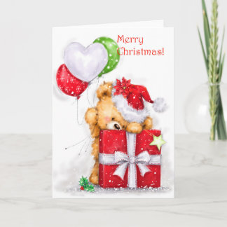 Merry Christmas, Bear with Present and Balloons Card