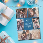 Merry Christmas Beautiful Blue Photo Collage Cute Holiday Card<br><div class="desc">This cute,  modern Merry Christmas card features a classy layout of 5 couple photos on a beautiful blue background with white typography. This beautiful family photo holiday card features your own photograph collage surrounding your message and family name.</div>