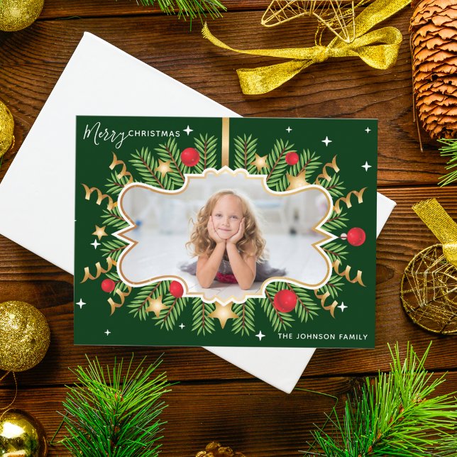 Merry Christmas Beautiful Green Gold Photo Wreath Postcard (Creator Uploaded)