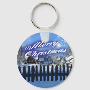Merry Christmas - Beautiful Log Cabin in the Snow Key Ring