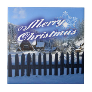 Merry Christmas - Beautiful Log Cabin in the Snow Tile