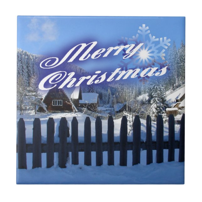 Merry Christmas - Beautiful Log Cabin in the Snow Tile (Front)