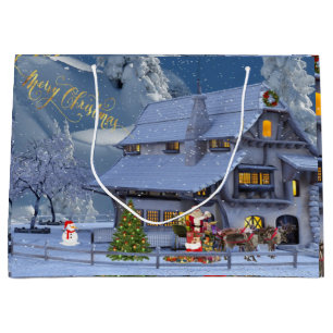 Merry Christmas Beautiful Winter Scene with Santa Large Gift Bag