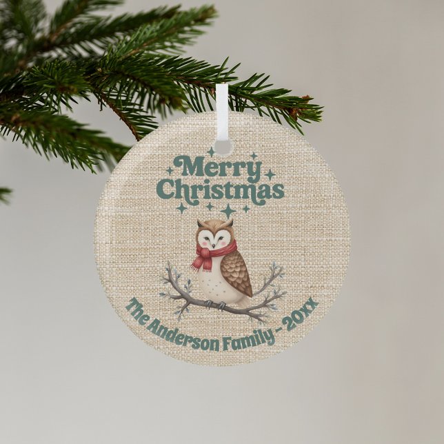 Merry Christmas beige burlap cute owl green Glass Tree Decoration (Creator Uploaded)