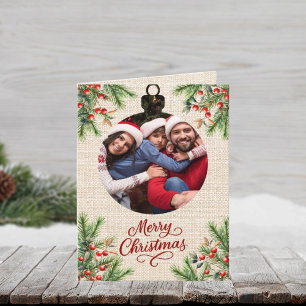 Merry Christmas beige burlap photo year in review Holiday Card