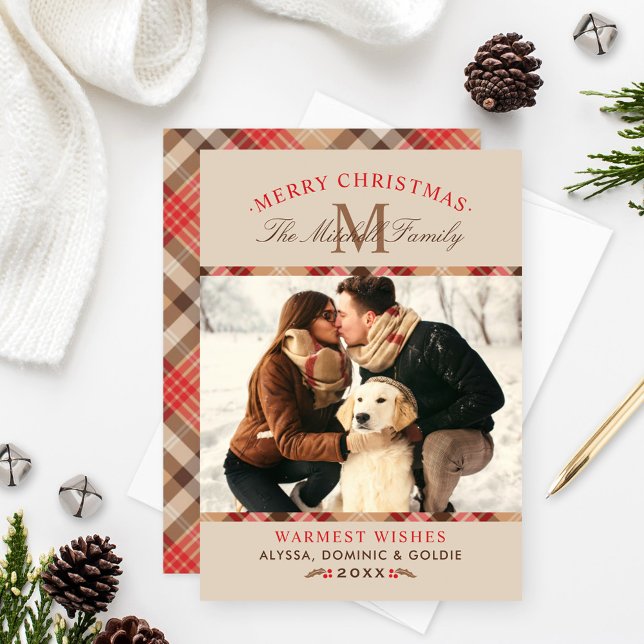 Merry Christmas Beige Red Monogram Plaid Photo Holiday Card (Creator Uploaded)