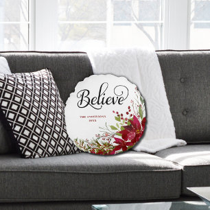 Merry Christmas Believe Script Round Cushion
