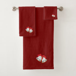 Merry Christmas Bells Dark Red Bath Towel Set