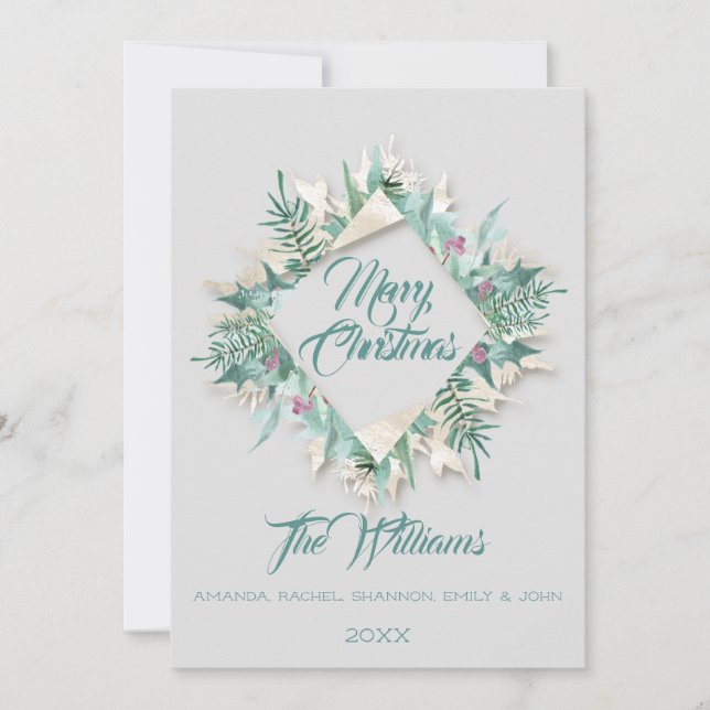 Merry Christmas Belly Framed Monogram Grey Teal Invitation (Front)