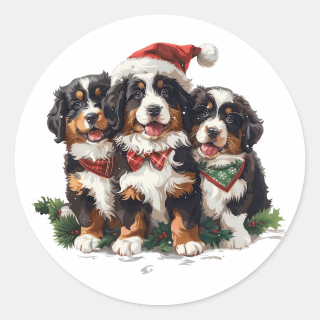 Merry Christmas Bernese Mountain Dogs Classic Round Sticker (Front)