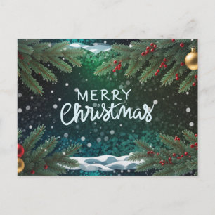 Merry Christmas Berries, Branches and Ornaments  Holiday Postcard