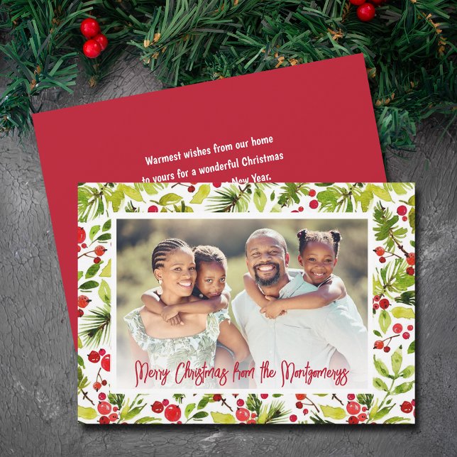 Merry Christmas Berries & Greenery Photo Holiday Card (Red berries and greenery Merry Christmas photo cards, PRINTED and/or INSTANT DOWNLOAD)
