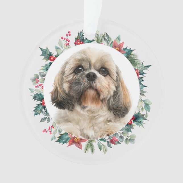 Merry Christmas Berries Pet Dog Photo Personalised Ornament (Front)