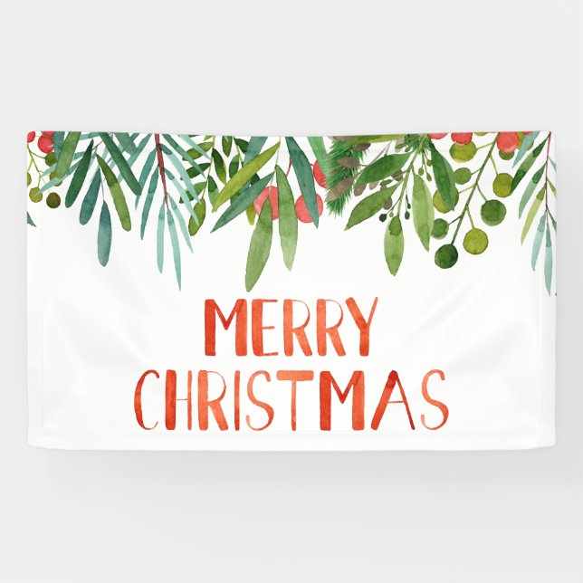 Merry Christmas Berry and Branches Watercolor  Banner (Horizontal)