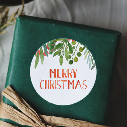 Merry Christmas Berry and Branches Watercolor  Classic Round Sticker