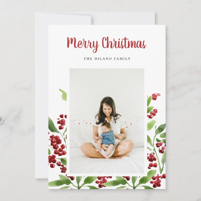 Merry Christmas Berry Botanical Photo Holiday Card (Front)