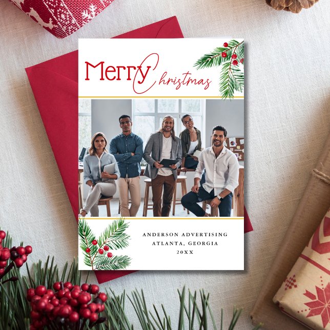 Merry Christmas Berry Branches Photo Business Holiday Card (Creator Uploaded)