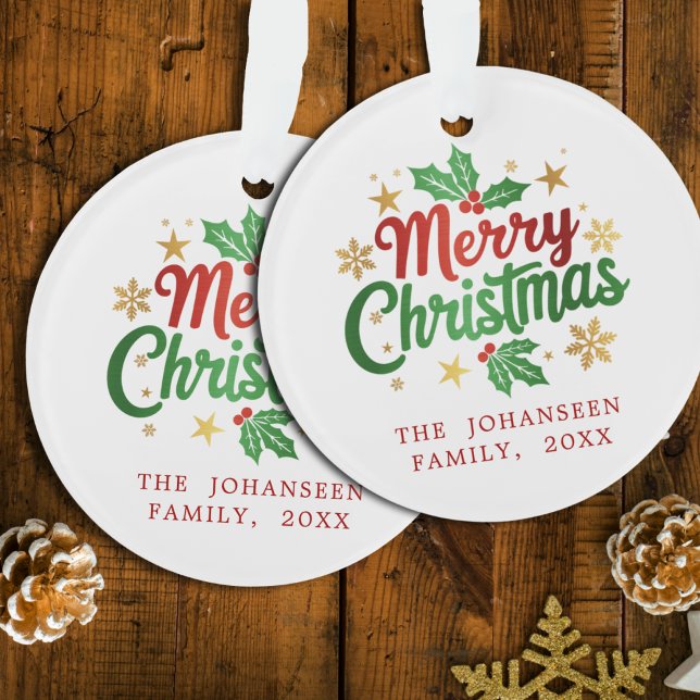 Merry Christmas Berry Gold Stars Snowflakes Family Ornament (Creator Uploaded)