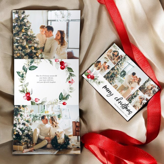 Merry Christmas Berry Leaves Photo Tri-Fold Holiday Card (Creator Uploaded)