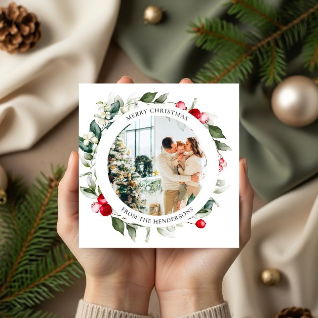 Merry Christmas Berry Leaves Photo Tri-Fold Holiday Card (Creator Uploaded)