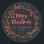 Merry Christmas Berry Wreath Classic Round Sticker<br><div class="desc">Hawthorn wreath Christmas stickers</div>