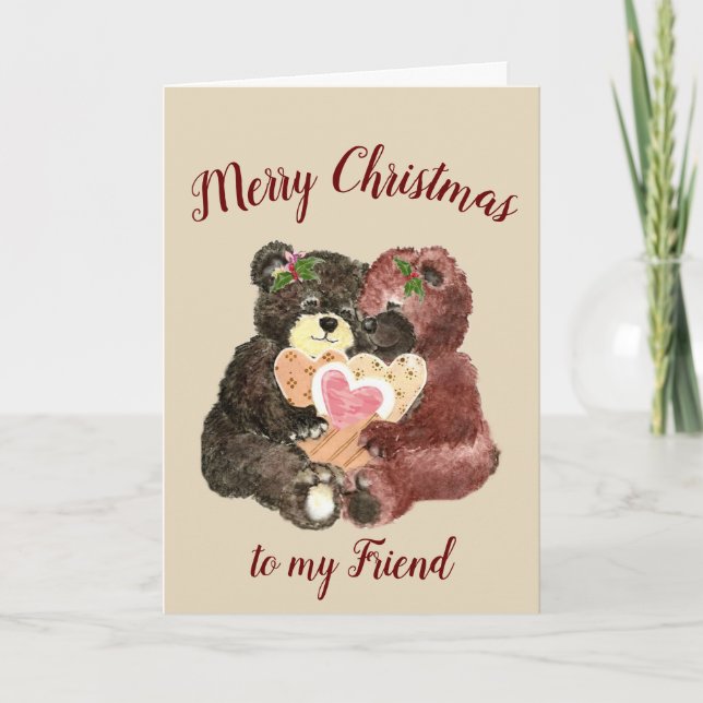 Merry Christmas Best Friend Cute Teddy Bear Hugs Holiday Card (Front)