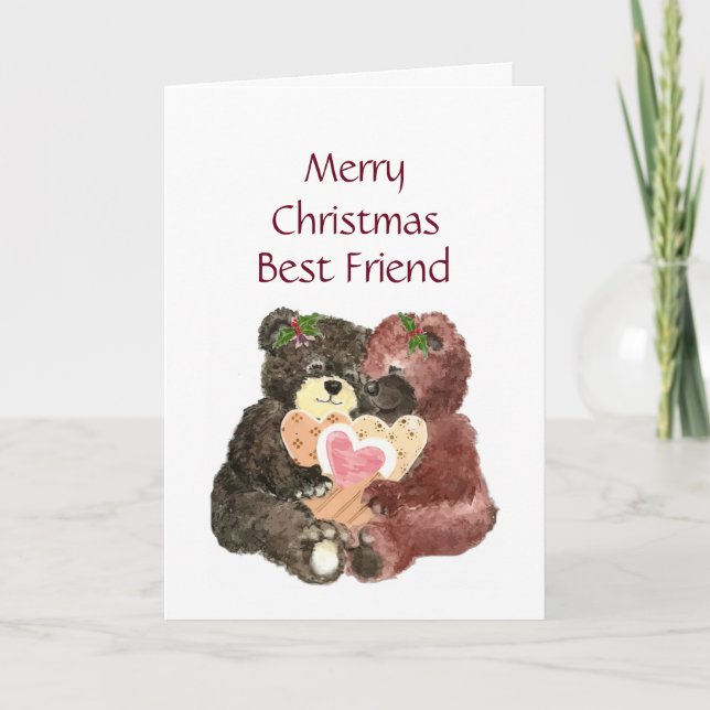 Merry Christmas Best Friend ,Teddy Bear  Hugs Holiday Card (Front)