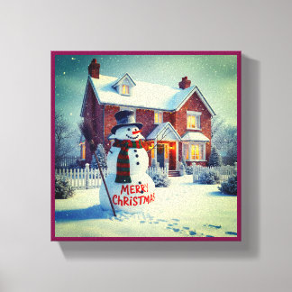 MERRY CHRISTMAS BIG SNOWMAN WINTER SCENE CANVAS PRINT