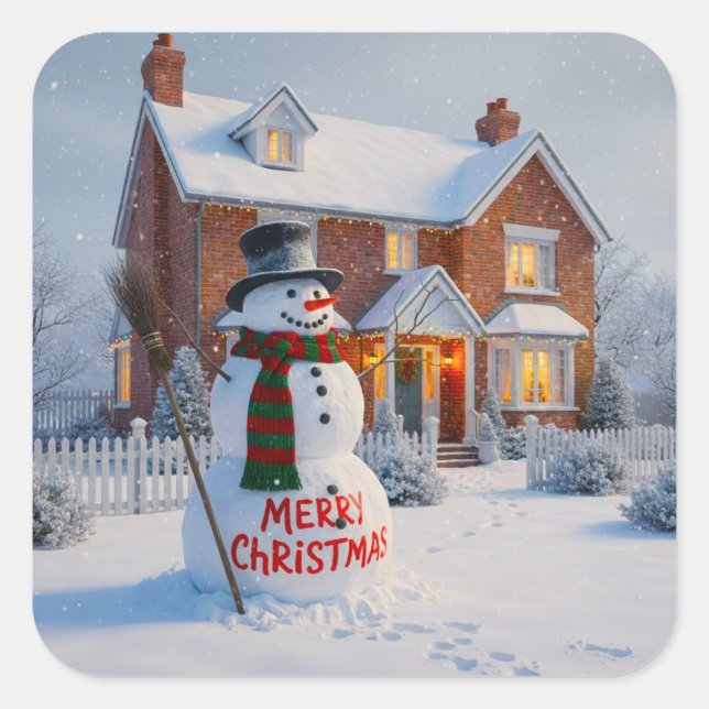 MERRY CHRISTMAS BIG SNOWMAN WINTER SCENE SQUARE STICKER (Front)