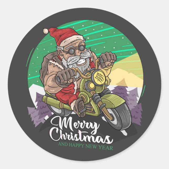 Merry Christmas Biker Santa Classic Round Sticker (Front)