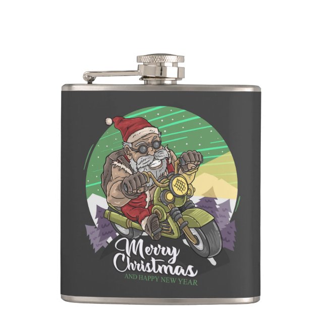 Merry Christmas Biker Santa  Hip Flask (Front)