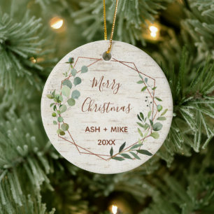 Merry Christmas Birch Eucalyptus Copper Photo Ceramic Tree Decoration