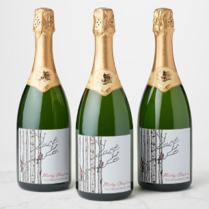 Merry Christmas Birch Trees and Red Cardinal Birds Sparkling Wine Label