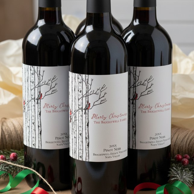 Merry Christmas Birch Trees and Red Cardinal Birds Wine Label (Simple Hand Drawn Rustic Cardinal Birds in Birch Tree Forest Merry Christmas Wine Label Xmas Gift)