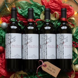 Merry Christmas Birch Trees & Cardinal Birds Blue Wine Label