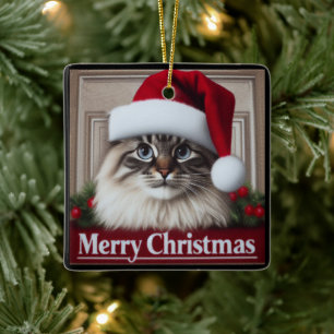Merry Christmas Birman Cat, Xmas Santa Birman Cat Ceramic Ornament