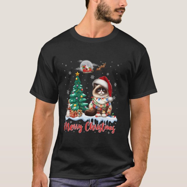 Merry Christmas Birman Santa Lights Cat Lover Xmas T-Shirt (Front)