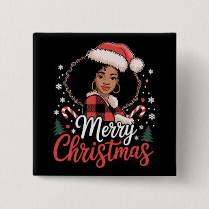 Merry Christmas Black African Girl Santa Hat Xmas  15 Cm Square Badge