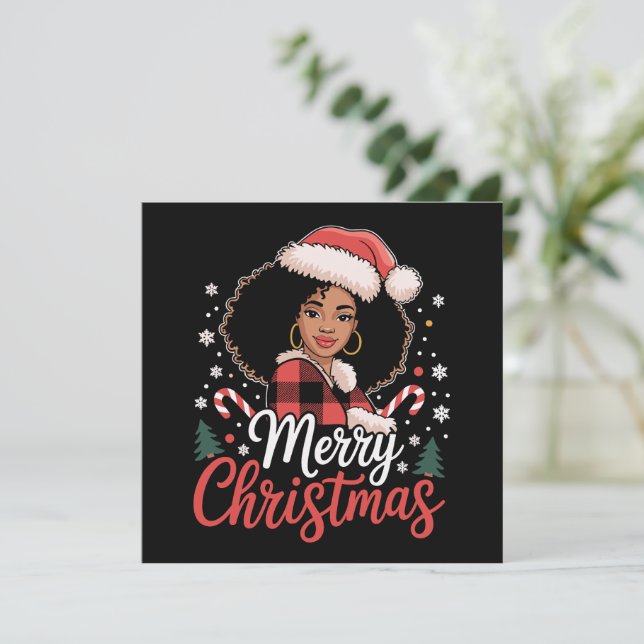 Merry Christmas Black African Girl Santa Hat Xmas  Holiday Card (Standing Front)