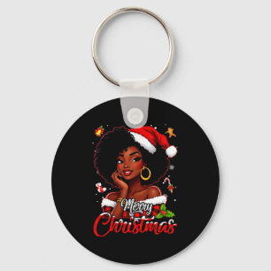 Merry Christmas Black African Girl Santa Hat Xmas Key Ring