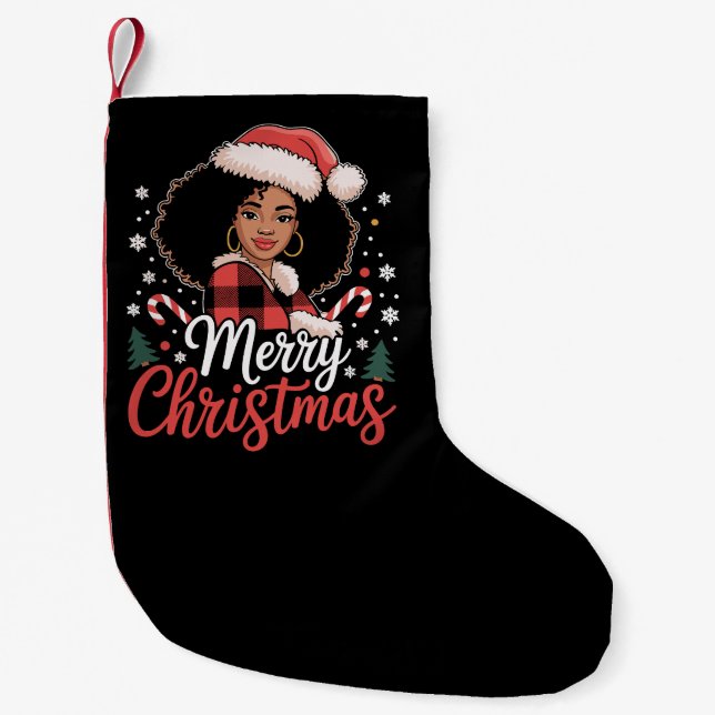 Merry Christmas Black African Girl Santa Hat Xmas  Small Christmas Stocking (Front)
